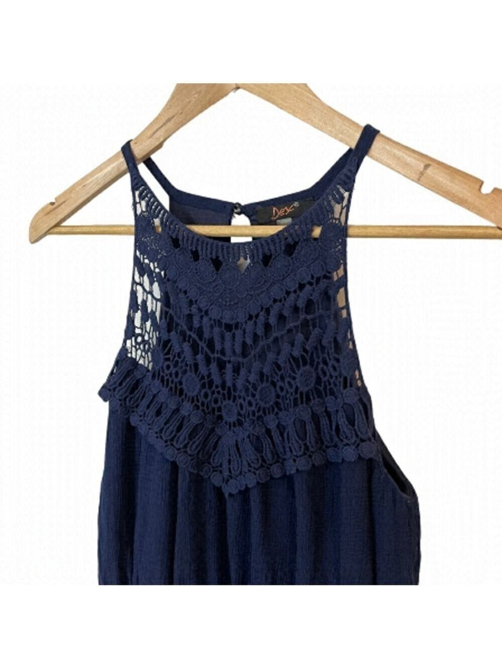 Dex Boho Crochet Mini Dress XS Navy Blue Defined Waist Sleeveless Blouson Short